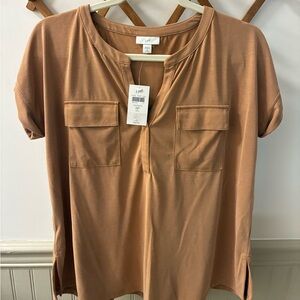 J. Jill Brown Short Sleeve Blouse Small Petite NWT